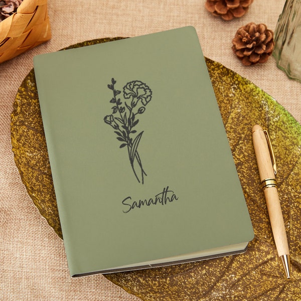 Custom A5 Leather Journal,Travel Journal Personalized,Engraved Travel Diary,Birth Flower Leather Notebook,Compass Journal,Grad Gift for Her
