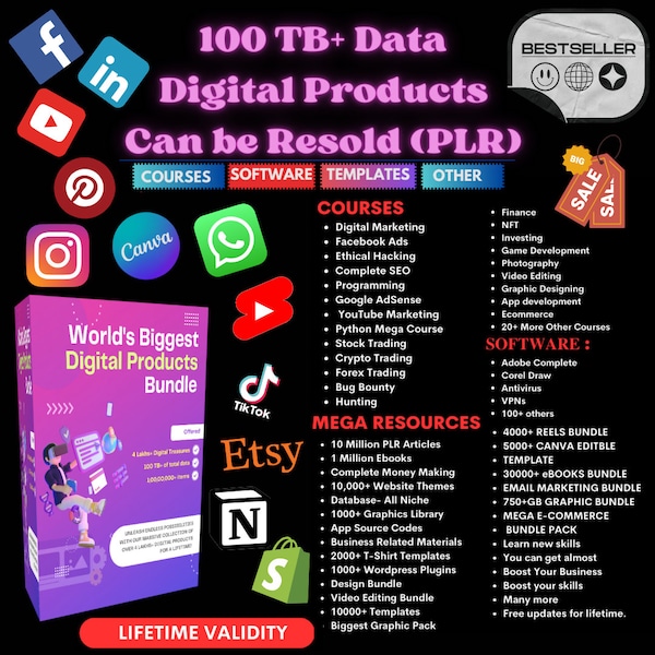 PLR Digital Products Bundle to Sell Online. Digital Downloads for Reselling or Personal Use. 100TB Data to Sell on Shopify or Etsy Store.