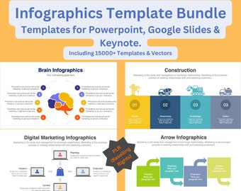 May include: A colourful infographic template bundle for PowerPoint, Google Slides, and Keynote. The bundle includes over 15,000 templates and vectors. The image shows examples of brain, construction, digital marketing, and arrow infographics.