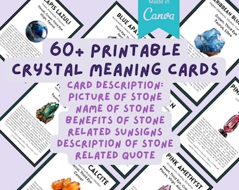 Pode incluir: Cartas imprimíveis que apresentam diferentes cristais com seus nomes, benefícios, signos solares relacionados e descrições. As cartas têm um fundo rosa e apresentam uma variedade de cristais, incluindo lapis-lazúli, apatita azul, azul do Caribe, ametista rosa e calcita.