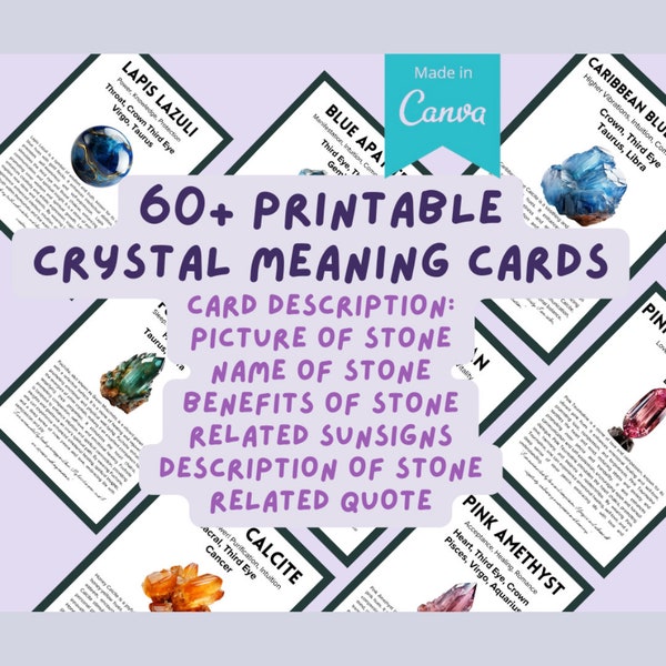 Crystal Meaning Cards, Printable Gemstone Meaning Cards, Digital Crystal Cards Editable with Canva, Healing Crystal Information Cards.