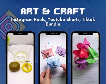 May include: Three phone screens showing different craft projects. The first screen shows a kiwi fruit and a tool for cutting kiwi fruit. The second screen shows a person holding a folded paper envelope. The third screen shows a bouquet of origami tulips.
