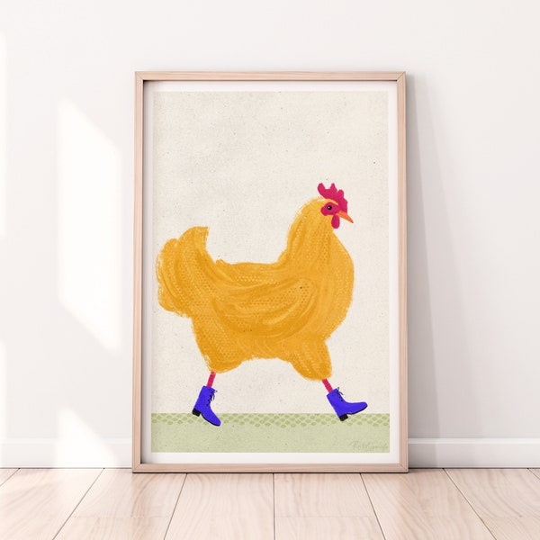 Yellow Chicken in Blue Boots Hand Drawn Poster Funny Animal Pop Illustration Aesthetic Wall Decor Home Trendy Big Print Digital Download Art