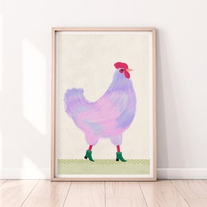 Poulet rose en bottes vertes dessinés à la main affiche drôle animal Pop Illustration esthétique décoration murale maison tendance grande impression téléchargement numérique art