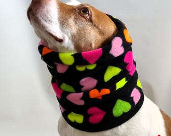 Neon Hearts Fleece Dog Snood | Cozy Fall & Winter Neck Warmer | Handmade Anti-Pill Fleece by Studio 3418