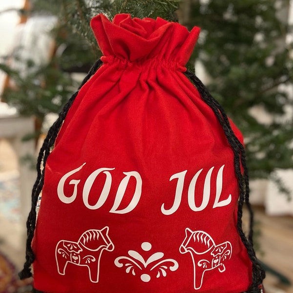 GOD JUL Christmas gift bag | Dala horse gift bag | Norsk Christmas | Fabric gift bag | Scandanavian Christmas wrap | Reusable wrapping