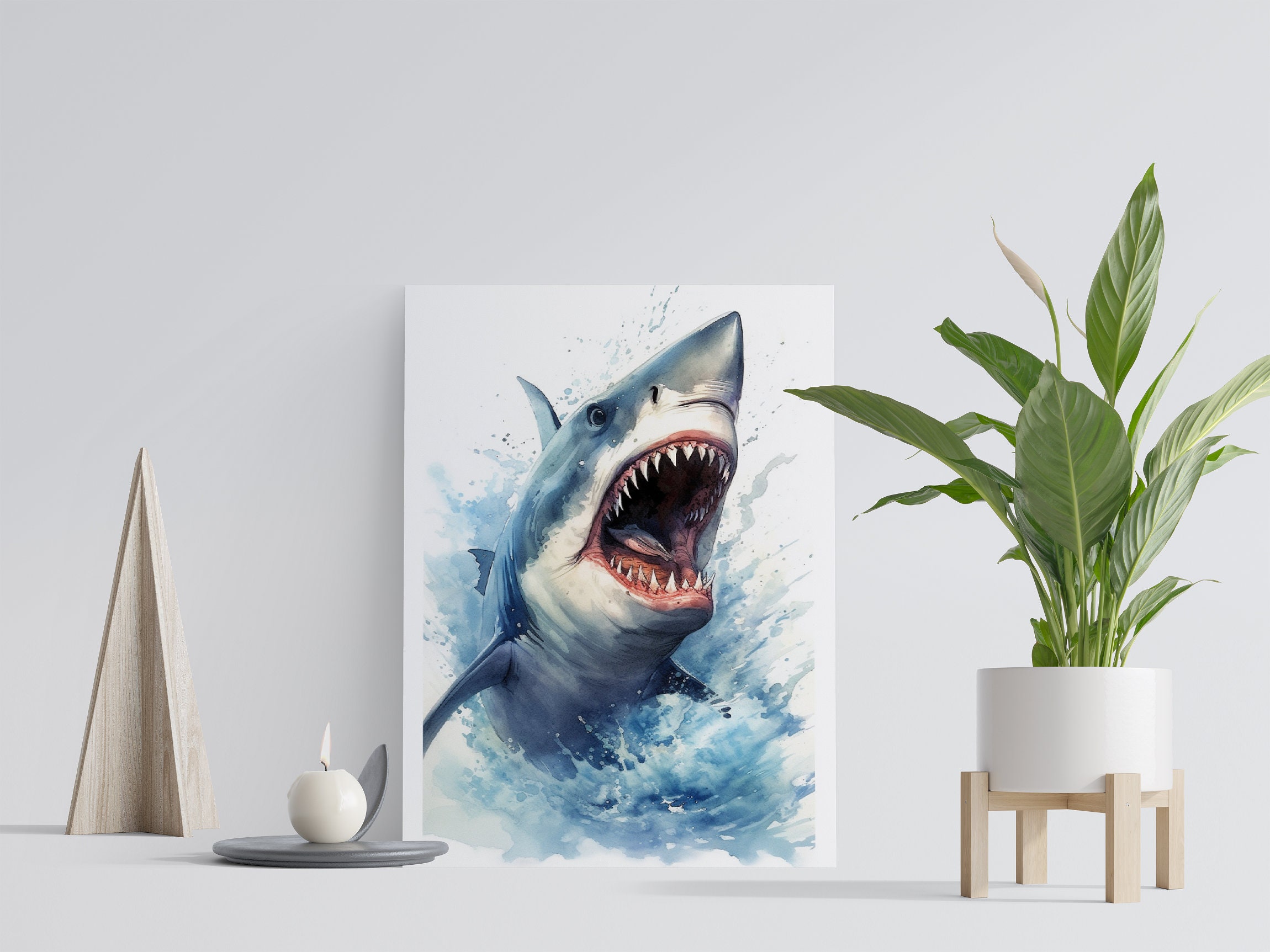 Great White Shark Print, Digital Wall Decor, Watercolor Great White Shark Wall Print, Printable ...
