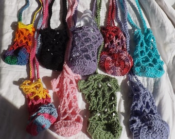 Stylish Crochet Water Bottle Bag, Lacy Bottle Carrier Crossbody, Phone Bag, Hiking Accessory