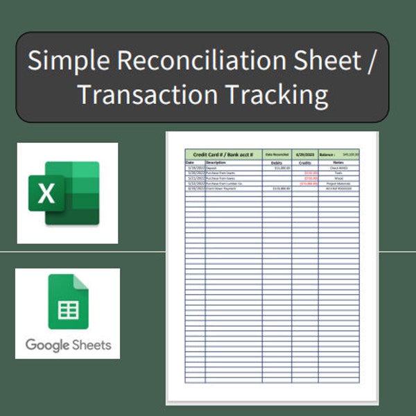 Simple Reconciliation / Transaction Tracker Sheet (Excel & Google Sheets)