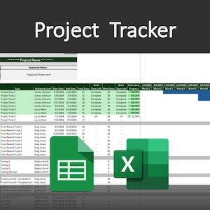 May include: A green and white spreadsheet with the text "Project Tracker" at the top. The spreadsheet is a project management tool with columns for task name, assigned person, start date, end date, total days, days left, work days, days left, estimated progress, and weekly progress. The spreadsheet is open in Microsoft Excel.