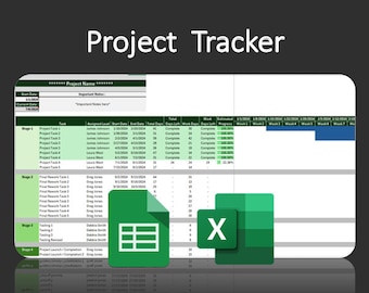 May include: A green and white spreadsheet with the text "Project Tracker" at the top. The spreadsheet is a project management tool with columns for task name, assigned person, start date, end date, total days, days left, work days, days left, estimated progress, and weekly progress. The spreadsheet is open in Microsoft Excel.