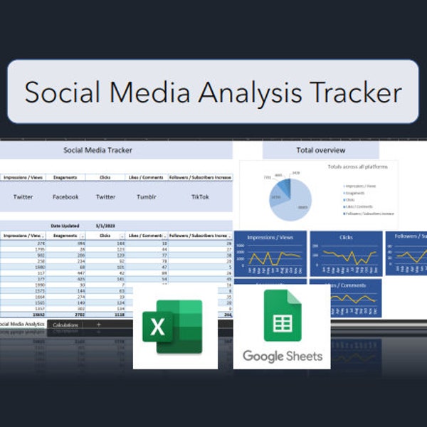 Tracker di analisi dei social media / Excel / Fogli Google / Analizza fino a 8 diversi siti di social media