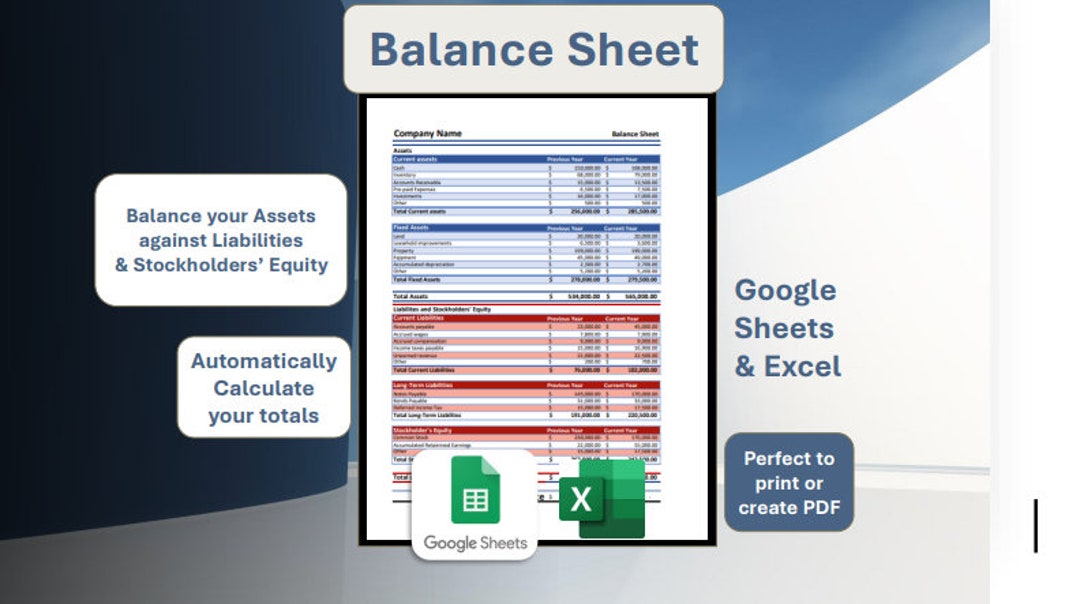 Balance Sheet Template google Sheets Excel - Etsy