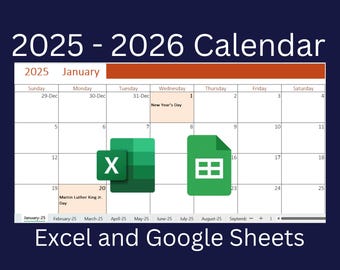 2025 - 2026 Calendar Template | Excel & Google Sheets