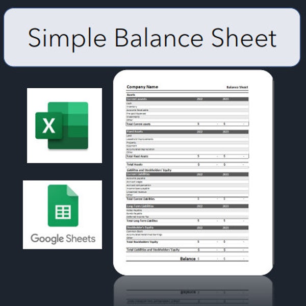 Simple Balance Sheet | Excel | Google Sheets | Easy to use and Customize | Save as PDF