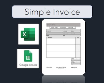 May include: A simple invoice template in a white document with gray headings. The template is designed for use with Microsoft Excel or Google Sheets. The template includes fields for company name, invoice number, invoice date, due date, customer name, customer address, customer phone number, description, quantity, price, and total.