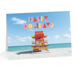 Happy Holidays Postcard  7"x5" (1, 10, 30, and 50pcs) Colorful Lifeguard Tower in Miami - Tropical Christmas Card - Greeting Cards Florida