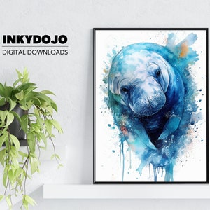 Digital Art Print Watercolor Art Printable Wall Decor Boho Style Tropical Boricua Manati Puertorriqueño Puerto Rico Manatee