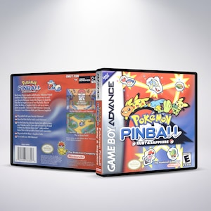 May include: A red, blue, and yellow Game Boy Advance game cartridge case for Pokemon Pinball: Ruby & Sapphire. The front of the case features a cartoon image of Pikachu, Treecko, and Mudkip. The back of the case has a description of the game.