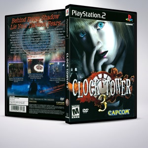 Puede incluir: Una caja de juego de PlayStation 2 para Clock Tower 3, con un fondo oscuro que muestra una torre del reloj y una mujer con ojos azules mirando al espectador. El texto "Clock Tower 3" está en letras blancas grandes. El juego está clasificado como "M" para Maduros.