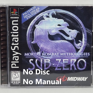 May include: PlayStation game case for Mortal Kombat Mythologies: Sub-Zero. The case is blue and purple with a dragon design. The text "No Disc" and "No Manual" is printed on the case. The game is rated M for Mature by the ESRB.