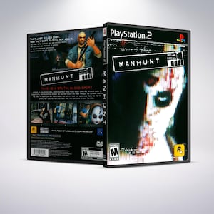 Puede incluir: Caja de juego de PlayStation 2 para Manhunt, un deporte de sangre brutal. La portada presenta una imagen distorsionada de la cara de una persona con un esquema de color rojo y blanco. La contraportada presenta a un hombre sosteniendo un arma y a una niña con la cara ensangrentada.