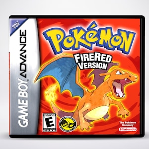 May include: A red Game Boy Advance game cartridge featuring a red and orange Pokemon character with blue wings. The game is titled "Pokemon FireRed Version".