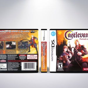 May include: A Nintendo DS game case for Castlevania: Portrait of Ruin. The front of the case features a red and black background with a castle silhouette and the game title. The back of the case features a description of the game and a rating of T for Teen.
