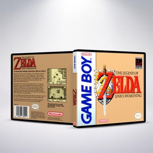 May include: A Game Boy video game box for "The Legend of Zelda: Link's Awakening." The box is tan with black trim and features the game's title in red and a shield with a sword. The Game Boy logo is on the side.