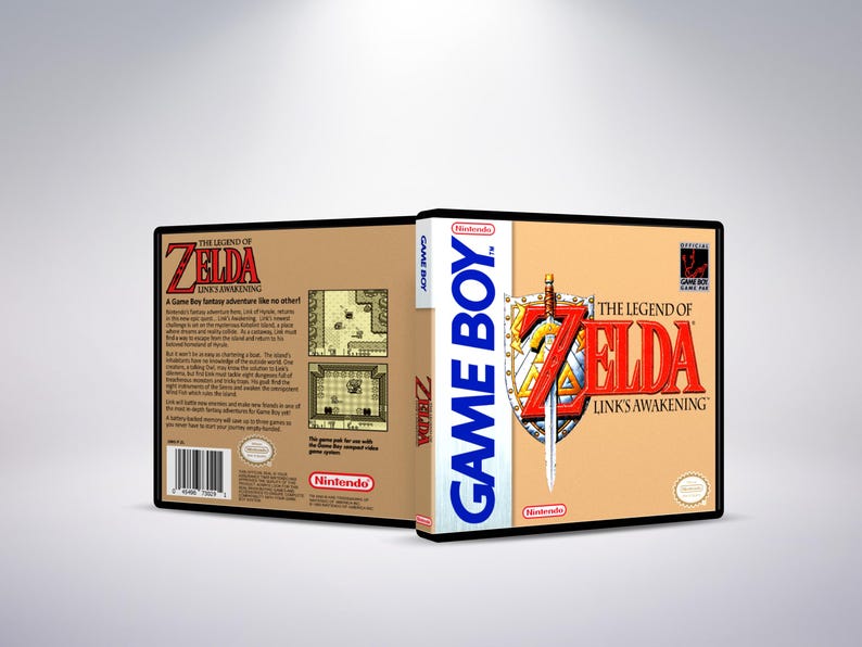 May include: A Game Boy video game box for "The Legend of Zelda: Link's Awakening." The box is tan with black trim and features the game's title in red and a shield with a sword. The Game Boy logo is on the side.