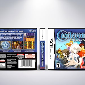 May include: A blue Nintendo DS game case for Castlevania: Dawn of Sorrow. The front of the case features a group of characters from the game, including Soma Cruz, the main protagonist. The back of the case features a description of the game and screenshots.