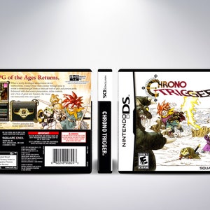 May include: A Nintendo DS game case for Chrono Trigger. The front of the case features a colorful illustration of the game's characters in a snowy landscape. The back of the case has a description of the game and a rating of "Everyone 10+."