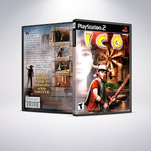 May include: PlayStation 2 video game case for the game "ICO". The cover art features a young boy with horns and a sword, standing in front of a windmill. The background is a landscape with a castle in the distance.