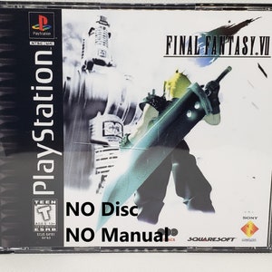 May include: A PlayStation game case for Final Fantasy VII. The case is black with a white PlayStation logo and the game title. The front of the case features a black and white image of a character holding a sword. The text "NO Disc" and "NO Manual" is printed on the case.