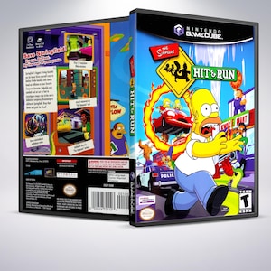 May include: A Nintendo GameCube video game case for The Simpsons Hit & Run. The front cover features Homer Simpson running, a red car, and the Kwik-E-Mart. The back cover displays game screenshots, a barcode, and a Teen ESRB rating symbol.