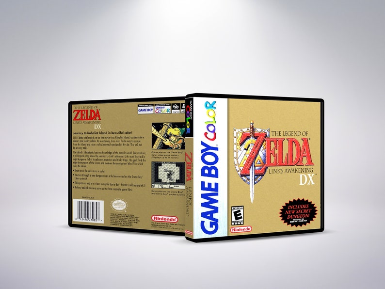 May include: The Legend of Zelda: Link's Awakening DX Game Boy Color game box. The box is tan with black trim and features the game's logo, a sword and shield, and the text "Includes New Secret Dungeon".