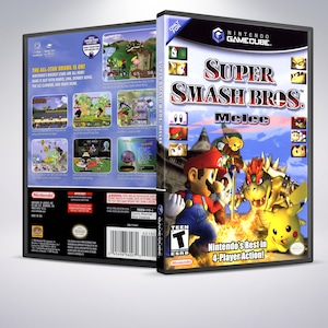 May include: A black Nintendo GameCube game case with a blue background. The front of the case features a colorful image of Mario, Link, and Pikachu fighting. The title of the game is "Super Smash Bros. Melee". The ESRB rating is "Teen".