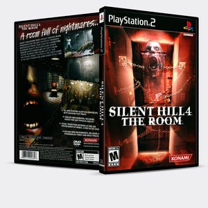 Op de afbeelding: Een videospelhoes voor Silent Hill 4: The Room voor de Playstation 2. De hoes heeft een rode achtergrond met een geketende deur en een monstergezicht erachter. De tekst "Silent Hill 4: The Room" staat in witte letters.