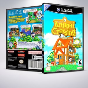 May include: A black GameCube video game case with a colorful image of a house with a yellow roof and a sign that reads "Welcome to Animal Crossing". The game is rated E for Everyone.