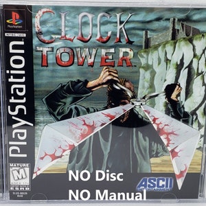 May include: PlayStation game case for Clock Tower, a horror game. The case is black with a red and white image of a person holding a pair of scissors. The text "NO Disc" and "NO Manual" is printed on the case.