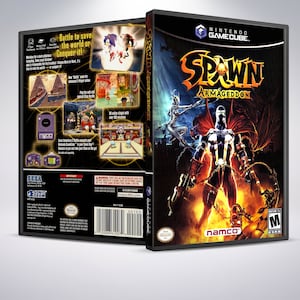 May include: A video game case for the Nintendo GameCube featuring the character Spawn from the comic book series. The case is black with a red and yellow design. The title of the game is "Spawn: Armageddon".