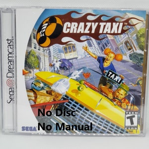 Puede incluir: Una caja de juego Sega Dreamcast para Crazy Taxi. La caja es de plástico transparente con una cubierta de juego amarilla, roja y negra. La cubierta del juego presenta un taxi amarillo con un conductor y un pasajero. El texto "Crazy Taxi" está en letras blancas sobre un fondo rojo. El juego está clasificado T para adolescentes por la ESRB. La caja no tiene el disco del juego ni el manual.