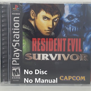 May include: A PlayStation game case for Resident Evil Survivor. The case is black with a red and gold title. The front of the case features a character with a dark blue background and a monster with a blue and white background. The case has a mature rating label and the text "No Disc" and "No Manual" printed on the front.
