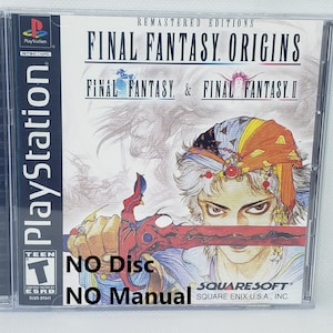 May include: PlayStation game case for Final Fantasy Origins, featuring a remastered edition of Final Fantasy and Final Fantasy II. The case is white with a red and blue design and features a character holding a sword. The text "NO Disc" and "NO Manual" is printed on the case.