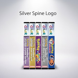 May include: A collection of Game Boy Color game boxes, including "Pok&eacute;mon Crystal Version," "Pok&eacute;mon Gold Version," "Pok&eacute;mon Puzzle Challenge," "Pok&eacute;mon Silver Version," and "Pok&eacute;mon Trading Card Game." The boxes are vertically aligned, with the "Silver Spine Logo" text at the top.