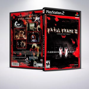 May include: A PlayStation 2 video game case with a red and black design. The game is Fatal Frame II: Crimson Butterfly. The front of the case features a dark image of two women in white dresses with red ribbons. The back of the case features a variety of images from the game.