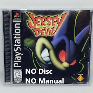 May include: A PlayStation game case for Jersey Devil, a video game featuring a cartoon devil with red eyes and a toothy grin. The case is labeled "No Disc" and "No Manual".