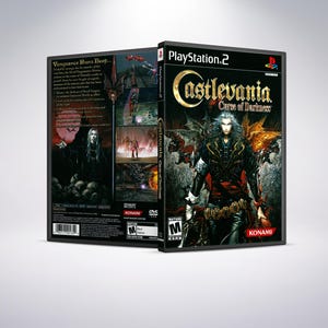 May include: PlayStation 2 video game case for Castlevania: Curse of Darkness. The cover features a dark, gothic illustration of a man with long, dark hair and a red sash. The title "Castlevania: Curse of Darkness" is written in a bold, white font.