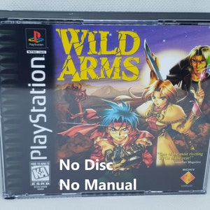May include: A PlayStation game case for Wild Arms, a role-playing game. The case is black with a colorful image of the game's characters. The text "No Disc" and "No Manual" is printed on the front of the case.