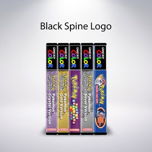 May include: A collection of Game Boy Color game boxes, including Pok&eacute;mon Crystal, Gold, Silver, and a Trading Card Game version. Each box features the Pok&eacute;mon logo and game title, with a black spine and the text "Black Spine Logo" at the top.